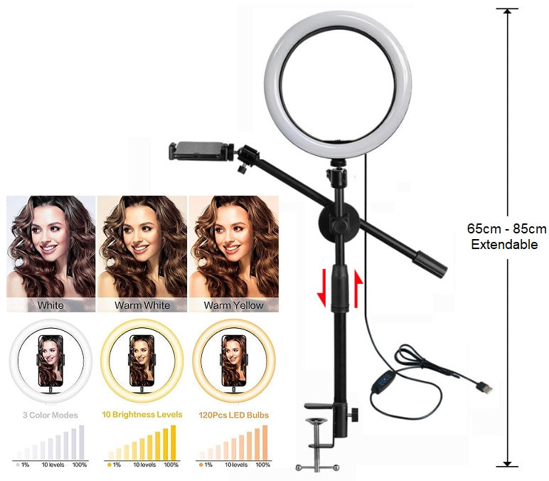 26cm/10" LED Ring Light, Dimmable, 3 Colour Modes USB Powered with Flexible Extendable Desk Stand