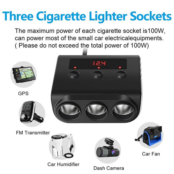 3 Cigarette Light Socket On/Off Splitter & 4 USB (3.4A Output) & LED Voltage Display