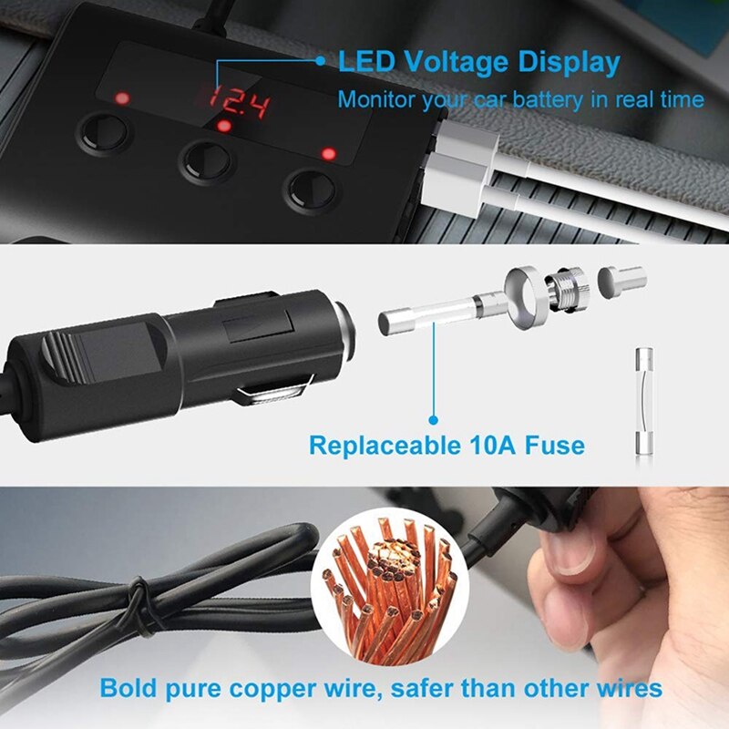 3 Cigarette Light Socket On/Off Splitter & 4 USB (3.4A Output) & LED Voltage Display