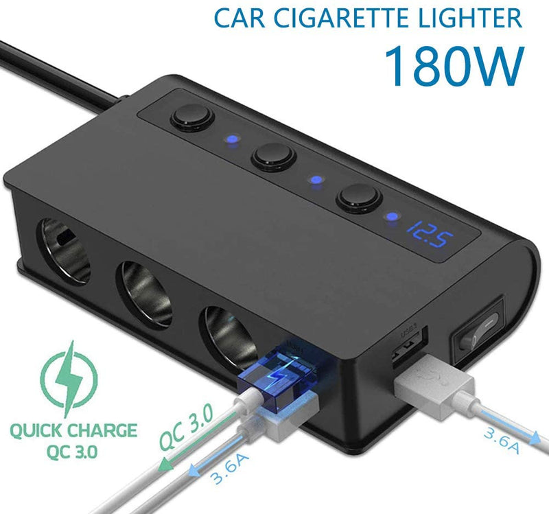 180W QC 3.0 Cigarette Lighter Power Sockets 6.6A 4xUSB Independent On/Off Switches & Voltage Display