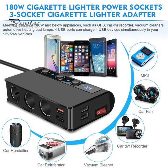 180W QC 3.0 Cigarette Lighter Power Sockets 6.6A 4xUSB Independent On/Off Switches & Voltage Display