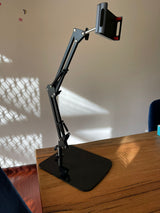 Table Bench Bed Side Phone & Tablet Mount with Big Base Solid Metal (1.17kg) Flexible Arm 2x25cm support size up to 10"