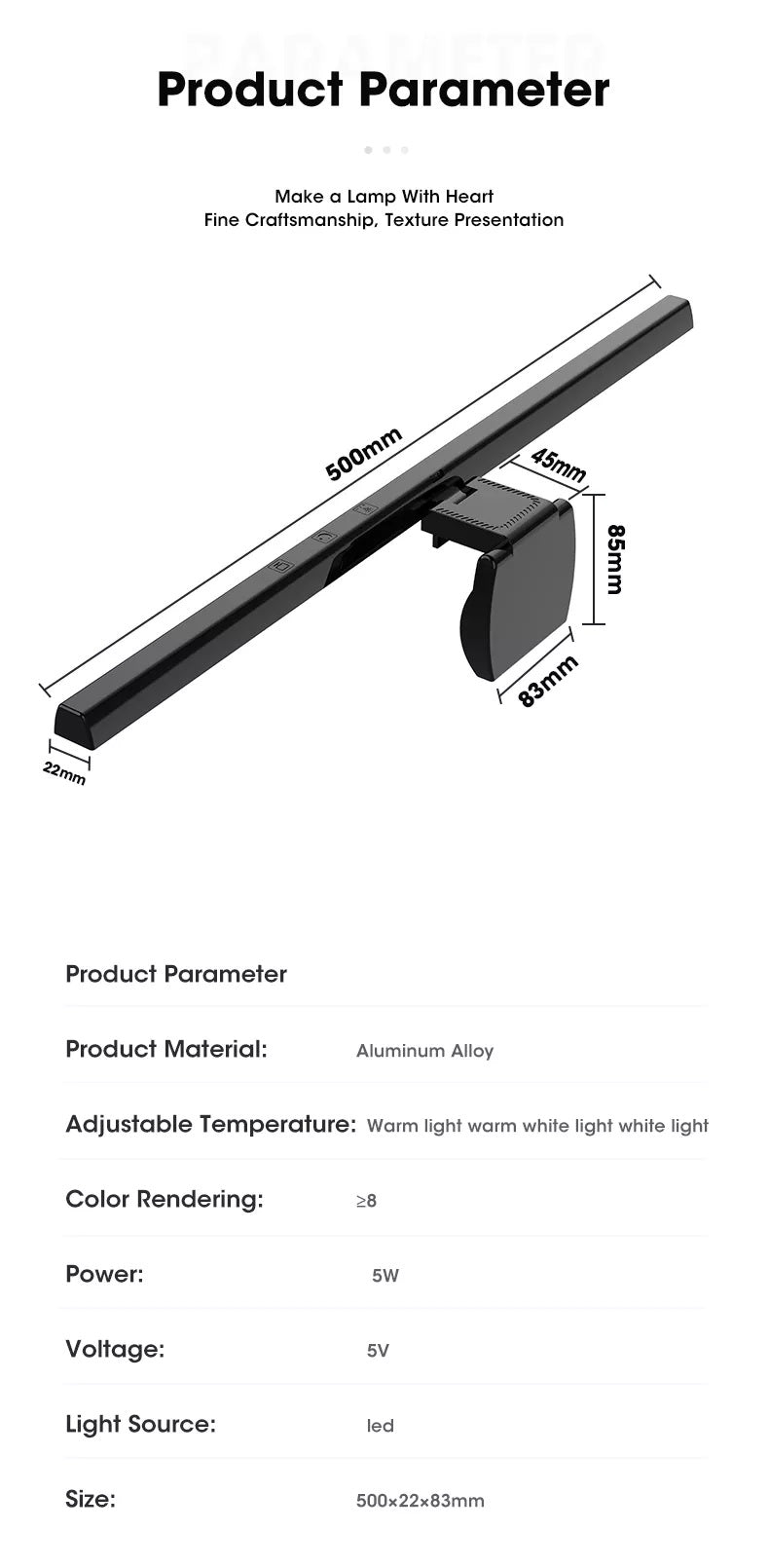 USB Power Asymmetrical Computer Monitor Screen Hanging Light Eye Protection 3 Color Lights Dimmable