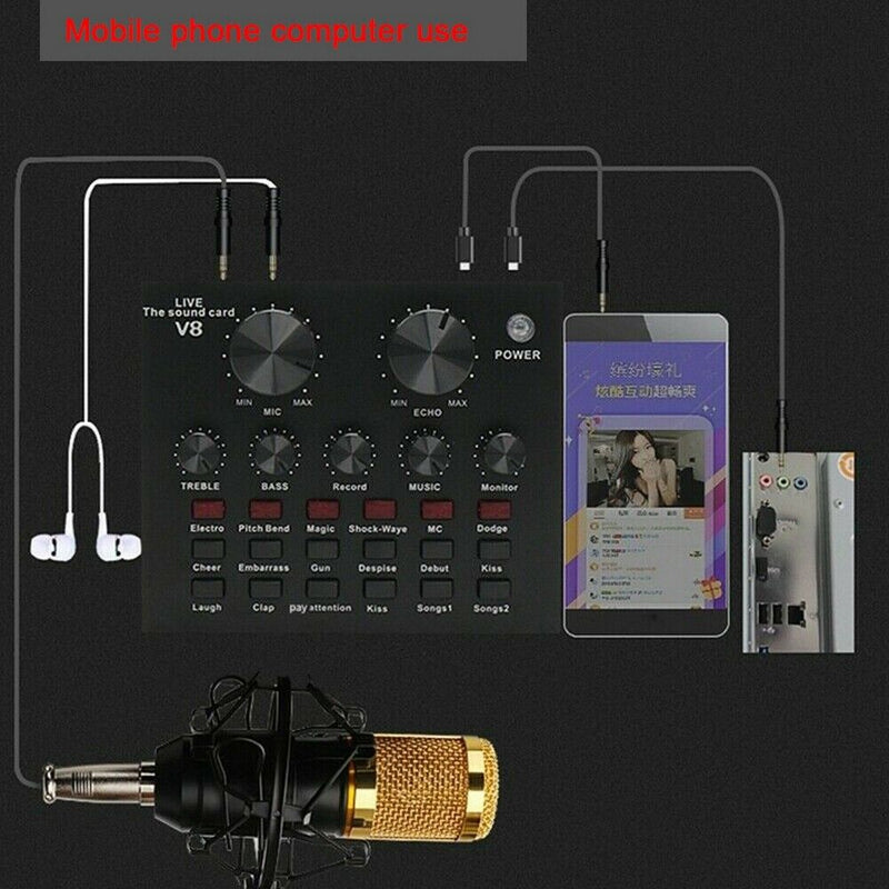 Live Streaming Sound Card V8 Audio Interface Bluetooth Mixer Webcast Sound Card