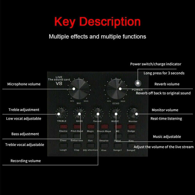 Live Streaming Sound Card V8 Audio Interface Bluetooth Mixer Webcast Sound Card