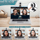 USB Webcam PC Laptop 2K Full HD High Definition Autofocus with 3 Level Adjustable Ring Fill Lights & Microphone