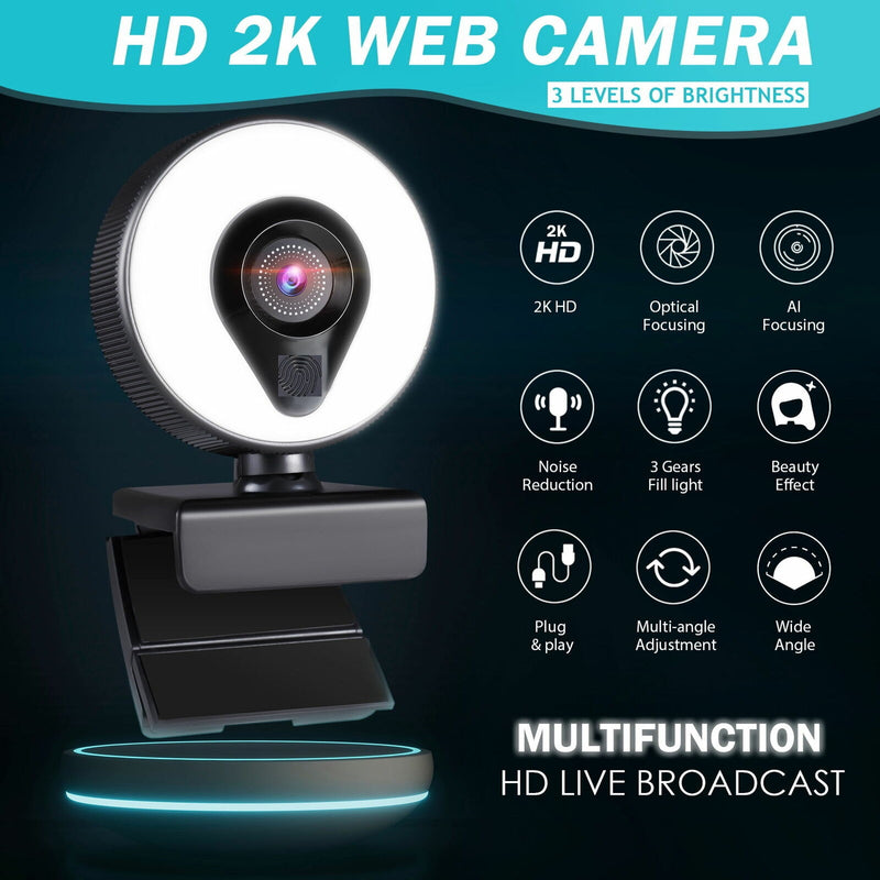 USB Webcam PC Laptop 2K Full HD High Definition Autofocus with 3 Level Adjustable Ring Fill Lights & Microphone