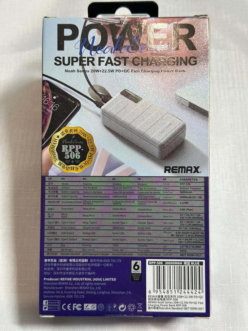 REMAX RPP-506 30000mAH PD 20W QC 22.5W Fast Charging Power Bank EXT Power Supply for Mobile Phone & Tablet