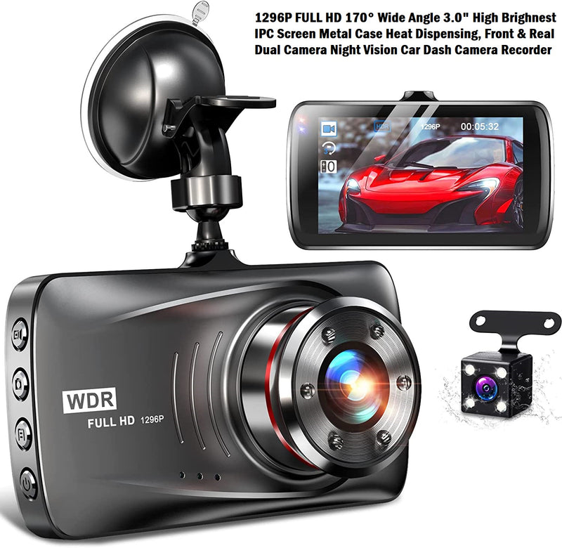 1296P Full HD 170° Wide Angle 3.0" Front & Real Dual Camera Night Vision Car Dash Camera Recorder