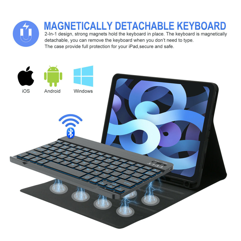 Bluetooth Wireless Keyboard Smart Case with 7 LED Backlight and Protective Case for iPad 7/8/9th Gen 10.2"